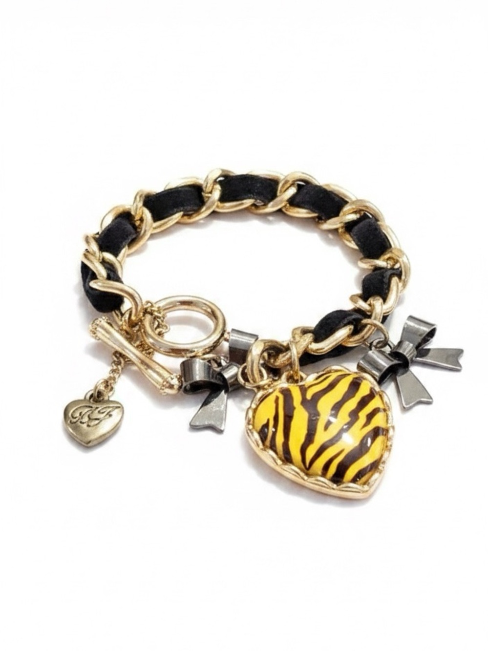 Betsey Johnson  Chain Bracelet with Black Leather Weave Yellow Heart Charm